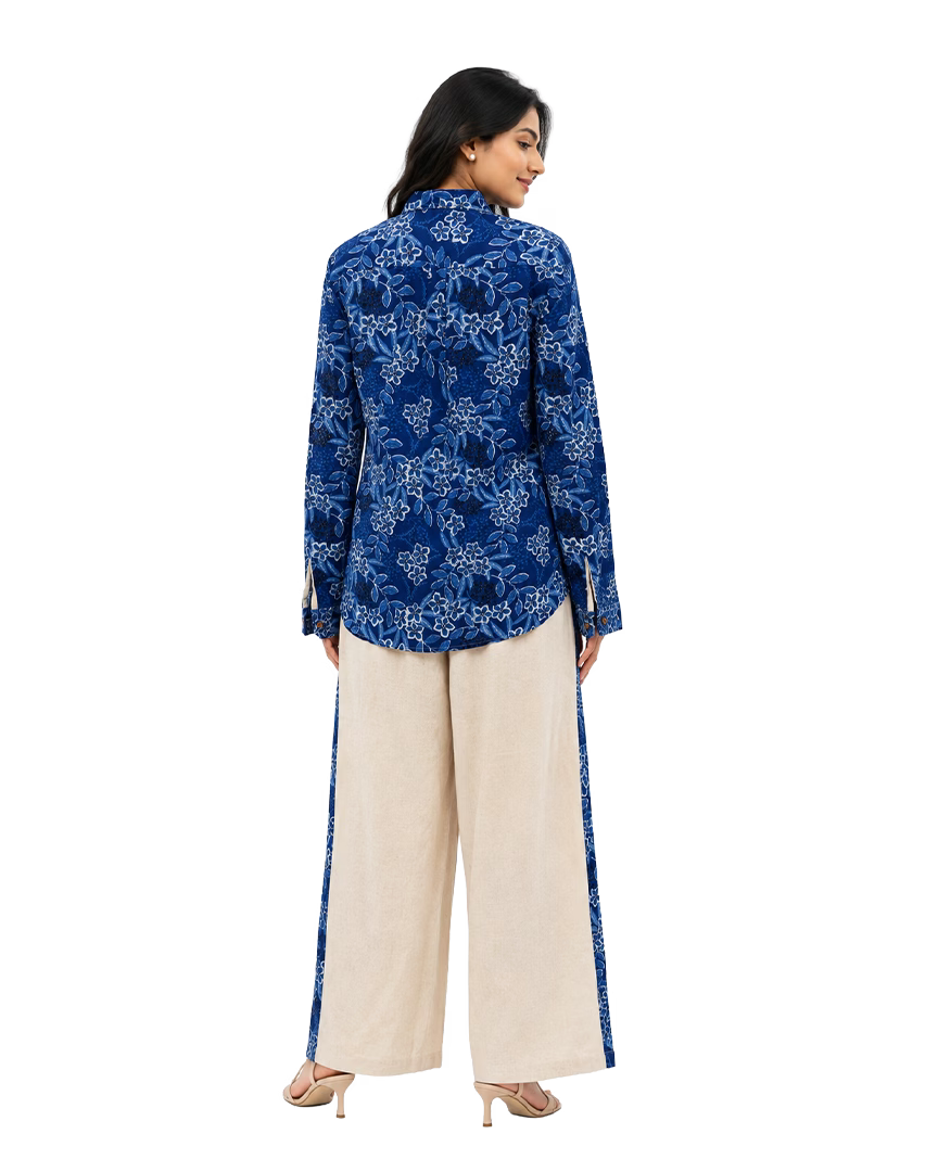 Beige Cotton Slub Co-ord Set With Printed Back Patch