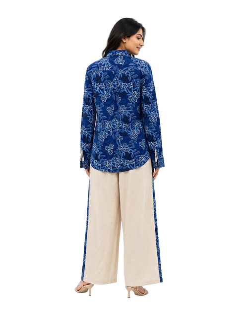 Beige Cotton Slub Co-ord Set With Printed Back Patch