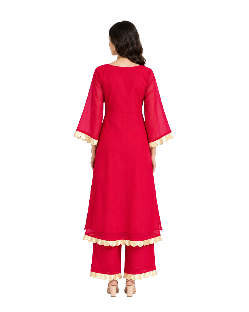 Red & Gold Scallop-Trim Kurta Palazzo Set