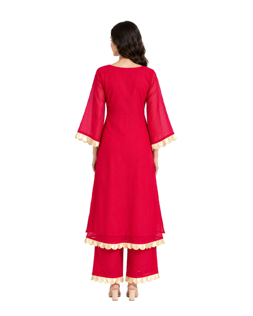Red & Gold Scallop-Trim Kurta Palazzo Set