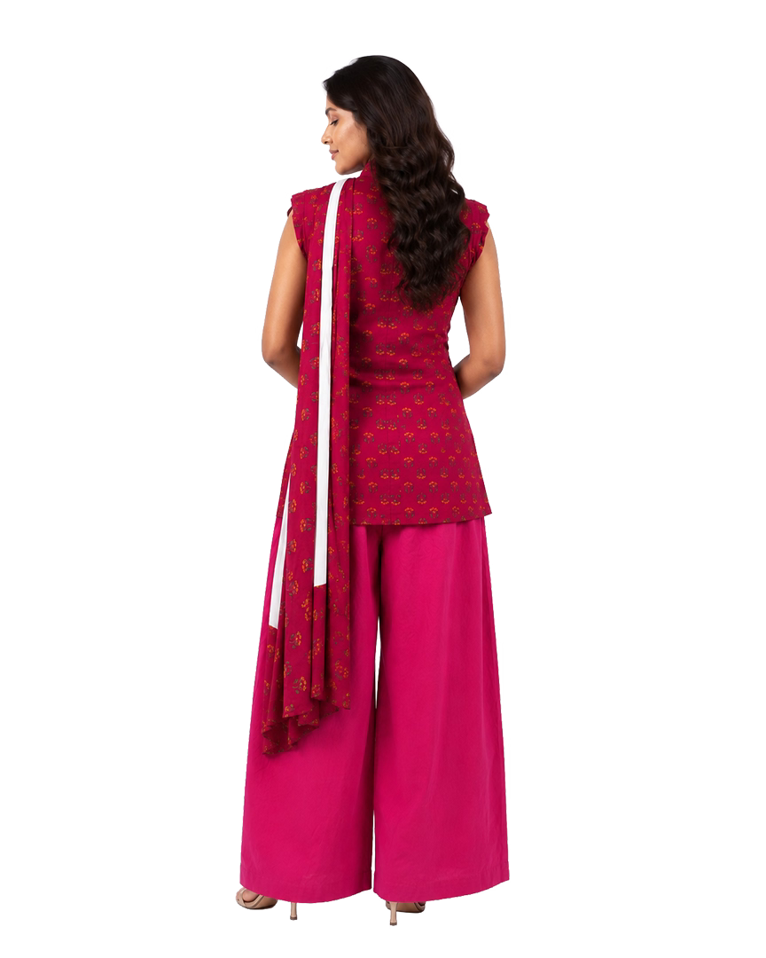 Fuchsia Floral Booti Sleeveless Kurti Set with Chiffon Dupatta