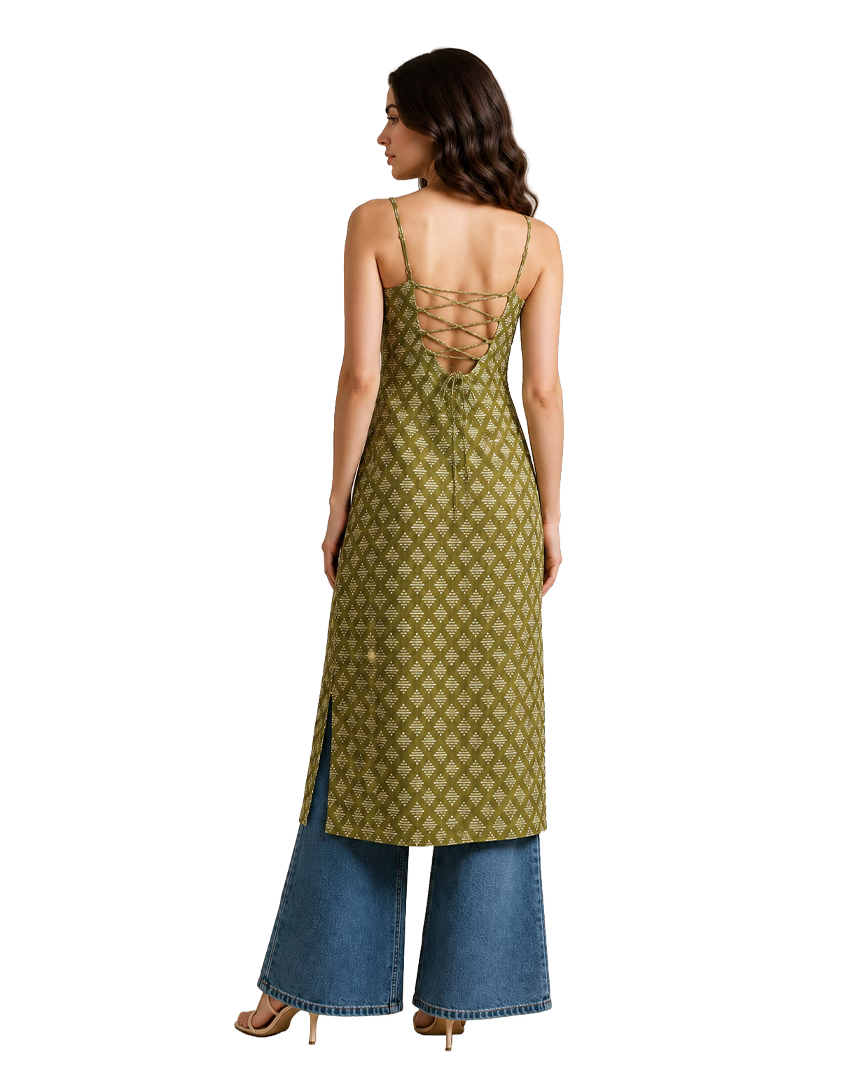 Olive Green Strappy Backless Long Cotton Kurti
