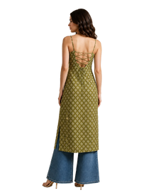 Olive Green Strappy Backless Long Cotton Kurti