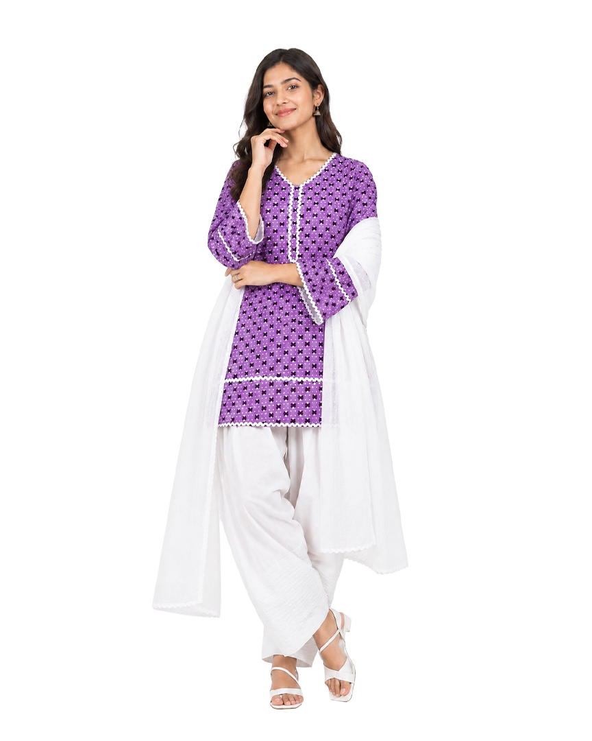 Lavender Printed Cotton Kurta With White Farshi Salwar & Chiffon Dupatta