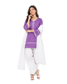 Lavender Printed Cotton Kurta With White Farshi Salwar & Chiffon Dupatta