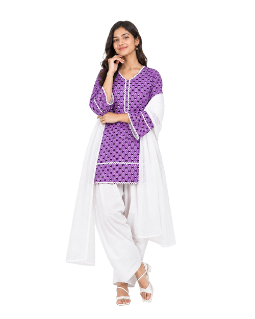 Lavender Printed Cotton Kurta With White Farshi Salwar & Chiffon Dupatta