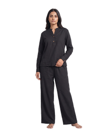 Classic Black Slub Tunic & Trousers Set - front view