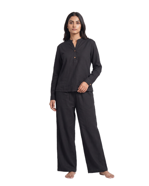 Classic Black Slub Tunic & Trousers Set - front view