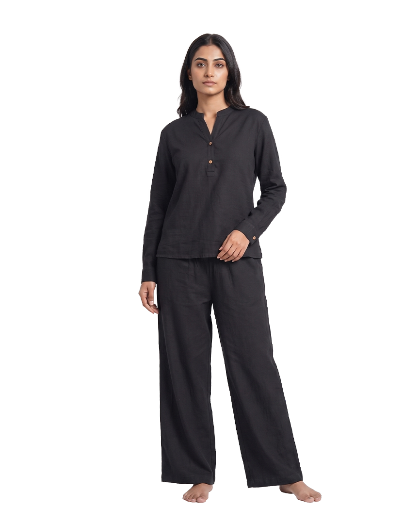 Classic Black Slub Tunic & Trousers Set - front view