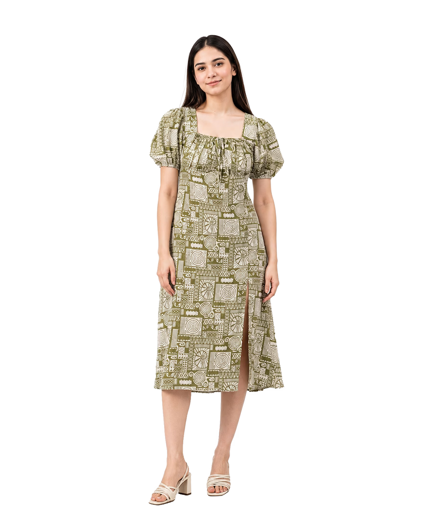 Olive Green Tribal Print Midi Dress with Puff Sleeves - front view