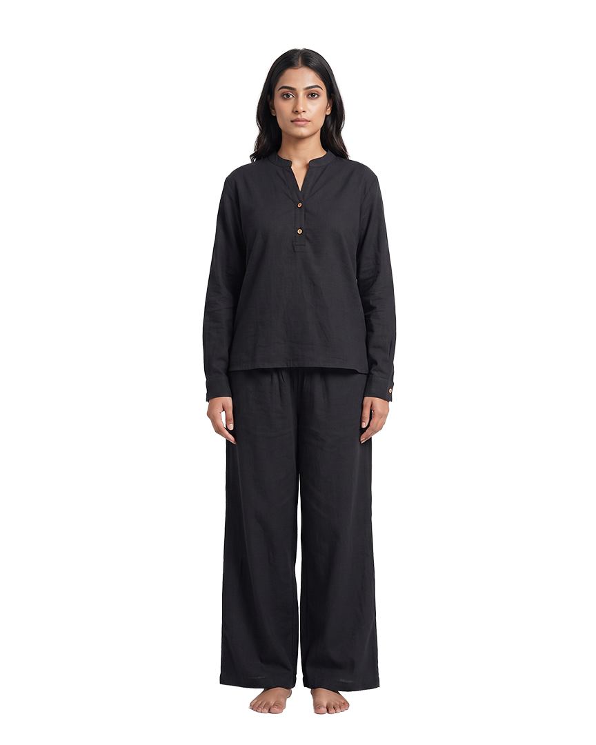 Classic Black Slub Tunic & Trousers Set