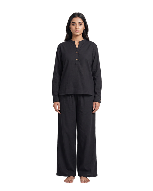 Classic Black Slub Tunic & Trousers Set