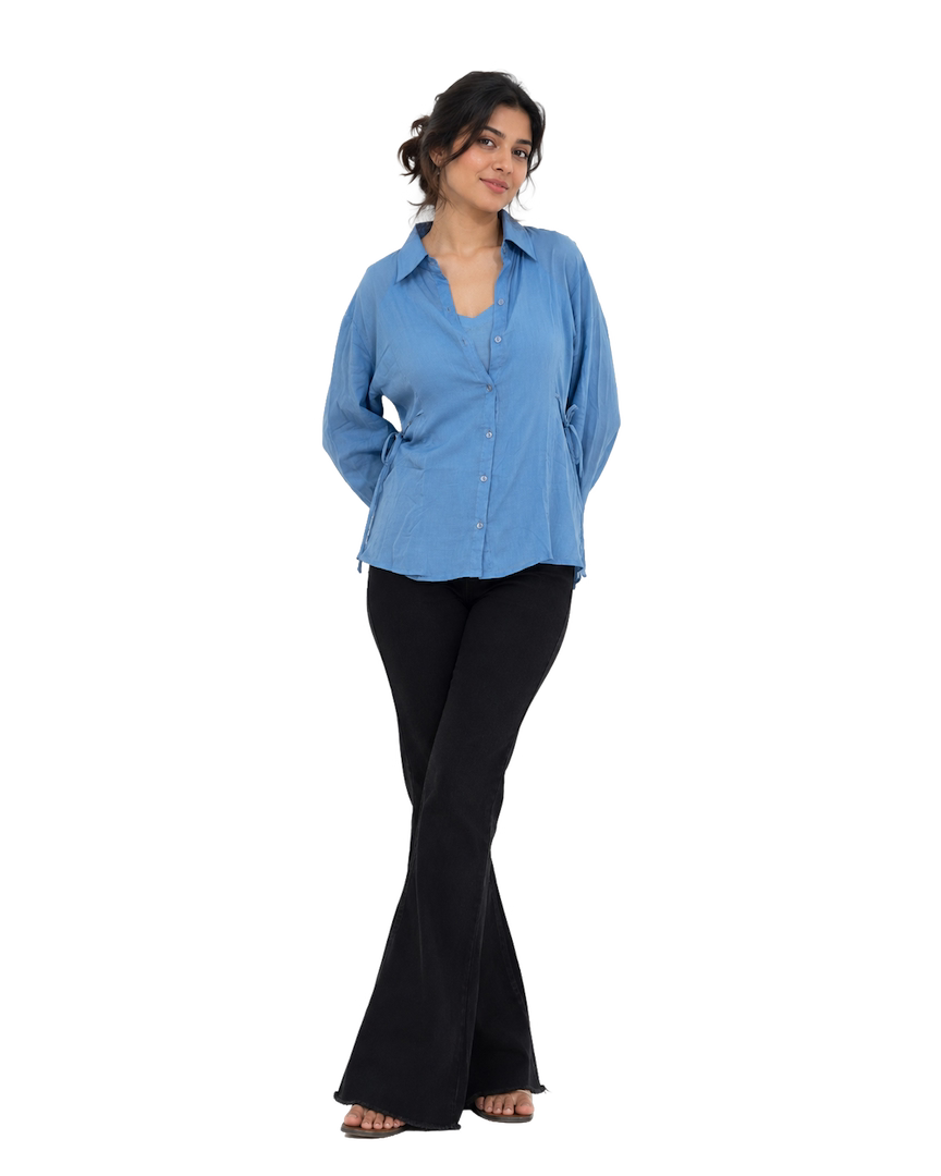 Sky Blue Cotton Mulmul Shirt With Side Ties