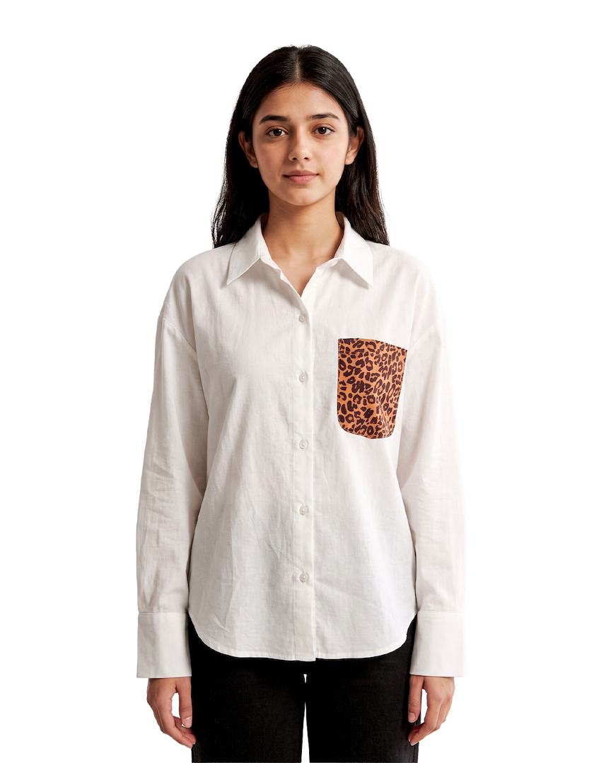 White Cotton Shirt With Leopard Print Pocket