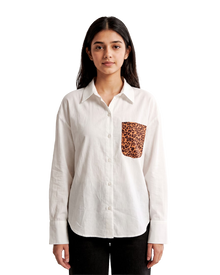 White Cotton Shirt With Leopard Print Pocket