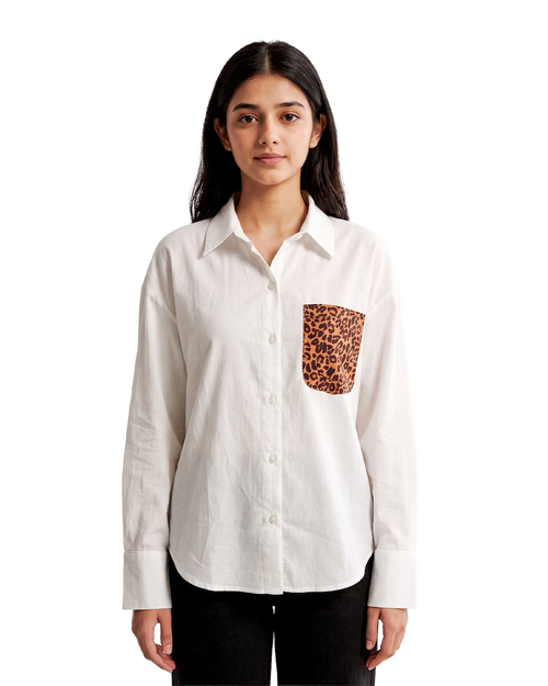 White Cotton Shirt With Leopard Print Pocket