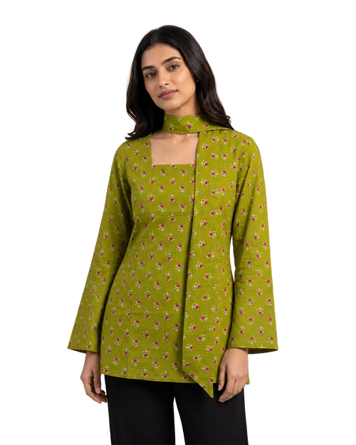 Floral Printed Short Kurti With Choker Dupatta