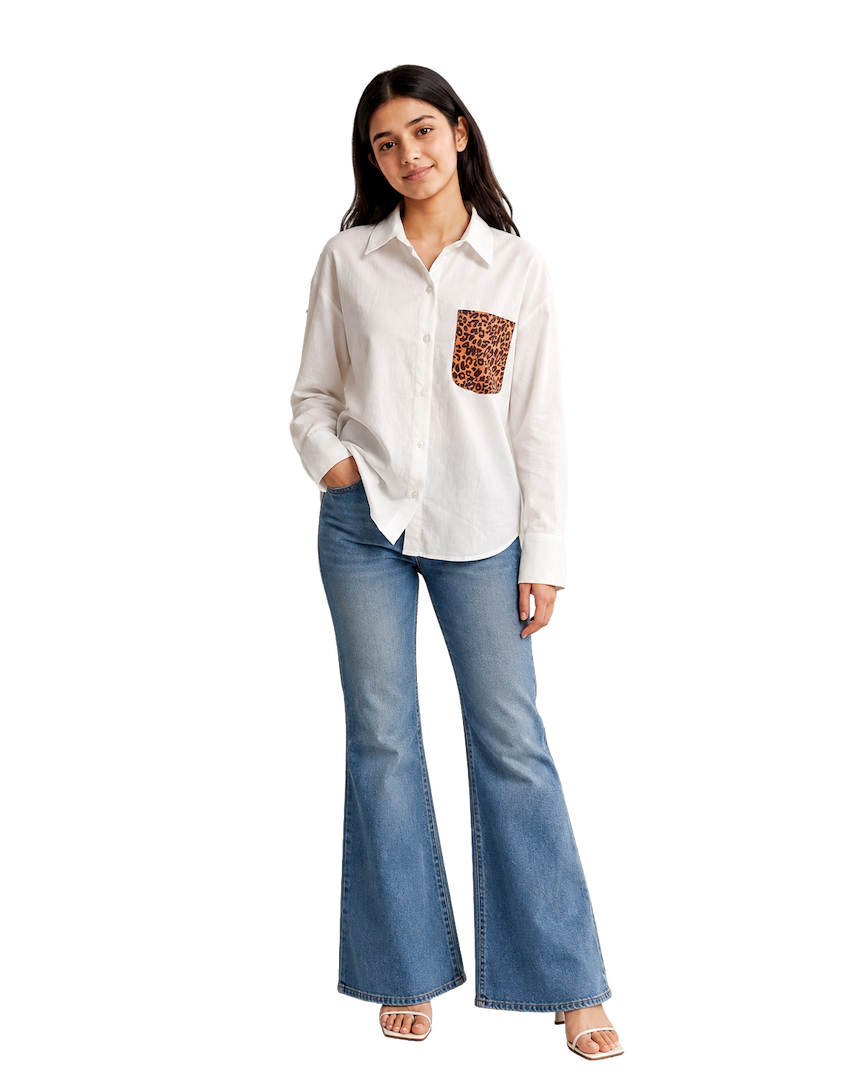 White Cotton Shirt With Leopard Print Pocket