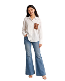 White Cotton Shirt With Leopard Print Pocket