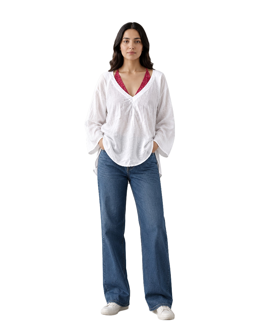 White Oversized V-Neck Shirt With Bandhani Trim