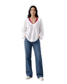 White Oversized V-Neck Shirt With Bandhani Trim
