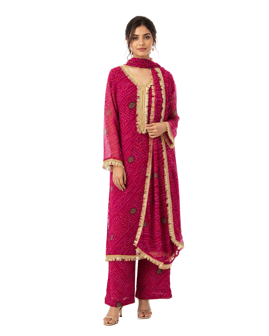 Magenta Pink Bandhani Georgette Kurta Set With Fringe Lace