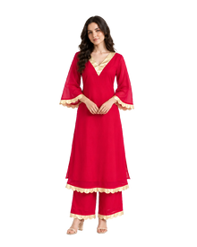 Red & Gold Scallop-Trim Kurta Palazzo Set