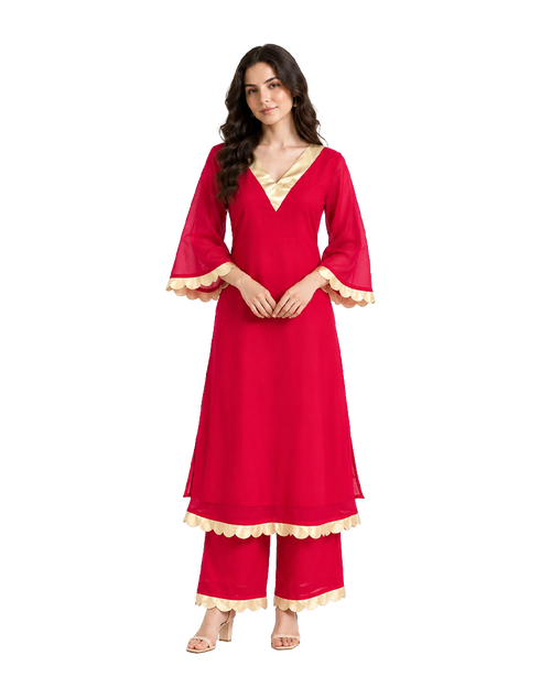 Red & Gold Scallop-Trim Kurta Palazzo Set
