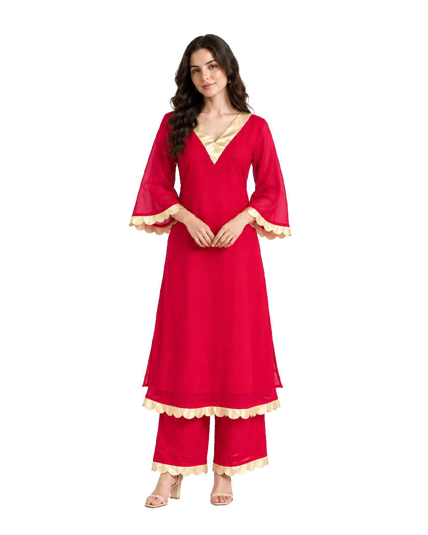 Red & Gold Scallop-Trim Kurta Palazzo Set