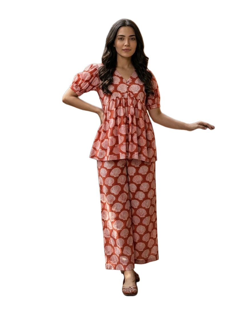 Rust Shell Print Peplum Top & Palazzo Set