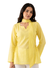 Lemon Yellow Short Kurti With Attached Choker Scarf
