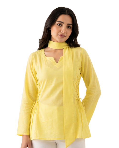 Lemon Yellow Short Kurti With Attached Choker Scarf