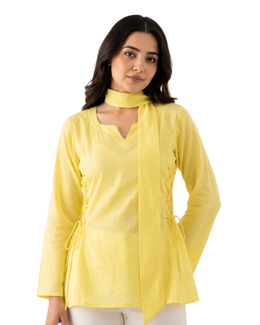 Lemon Yellow Short Kurti With Attached Choker Scarf