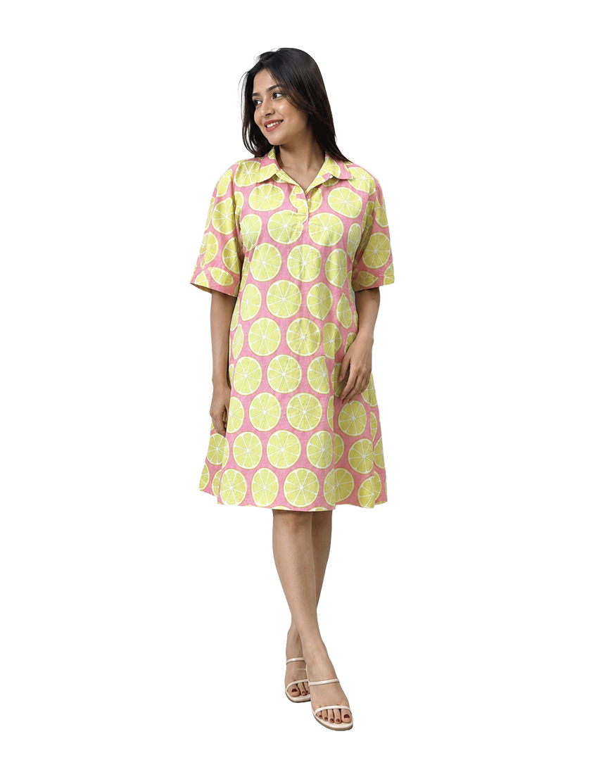 Hand Block Printed Lemon Slice Cotton Mini Dress