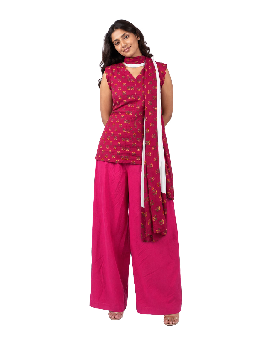 Fuchsia Floral Booti Sleeveless Kurti Set with Chiffon Dupatta