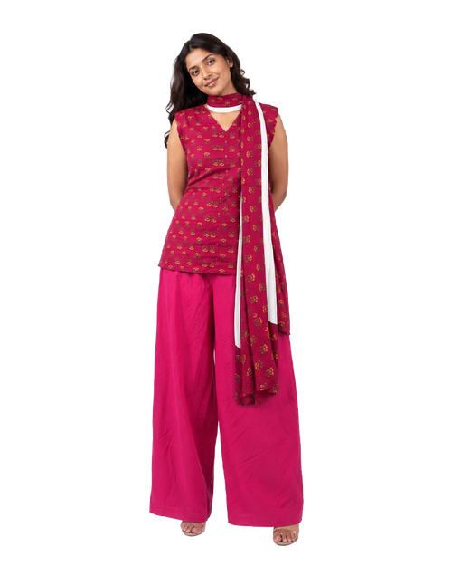 Fuchsia Floral Booti Sleeveless Kurti Set with Chiffon Dupatta