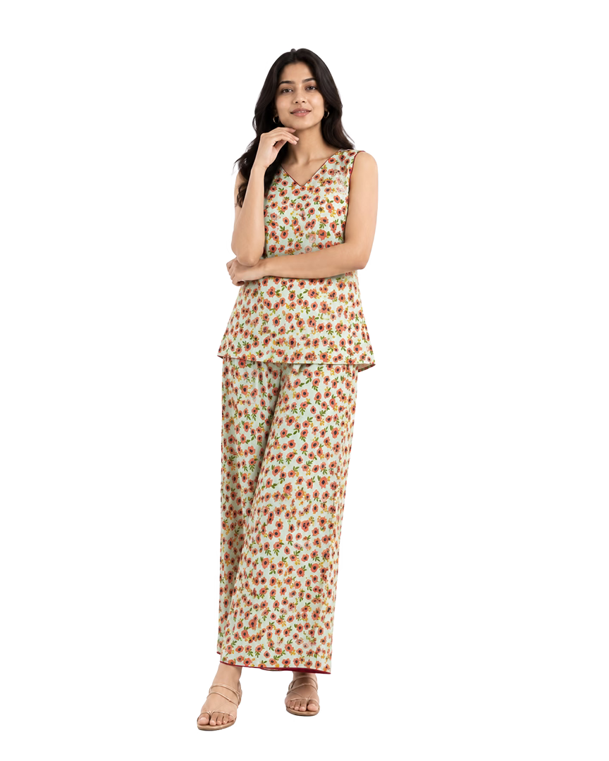 Mint Green & Peach Floral Bell Bottom Co-ord Set - front view