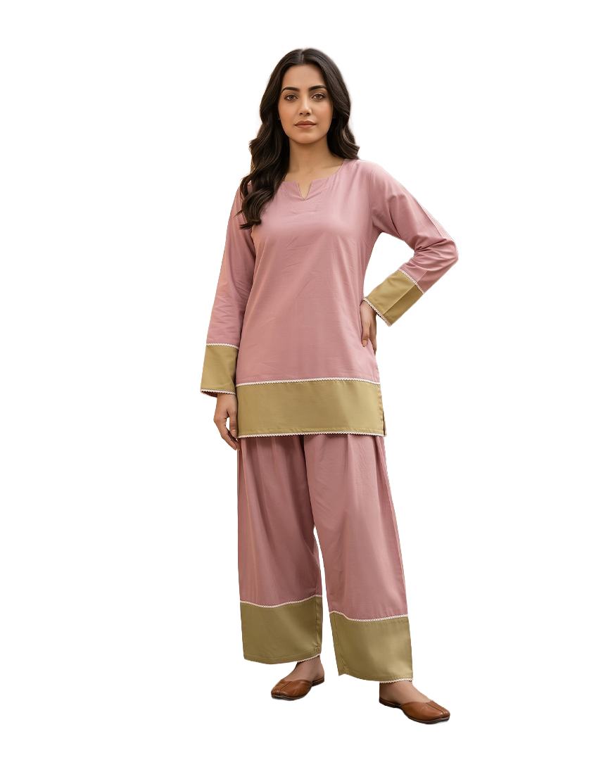 Dusty Rose & Beige Color-Block Kurta Palazzo Set