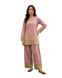 Dusty Rose & Beige Color-Block Kurta Palazzo Set