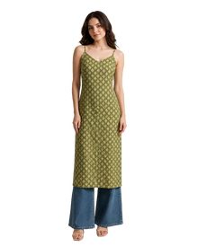 Olive Green Strappy Backless Long Cotton Kurti