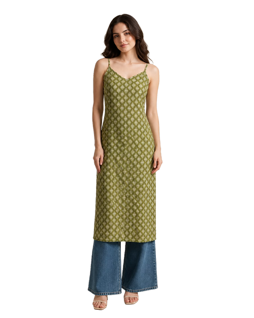 Olive Green Strappy Backless Long Cotton Kurti