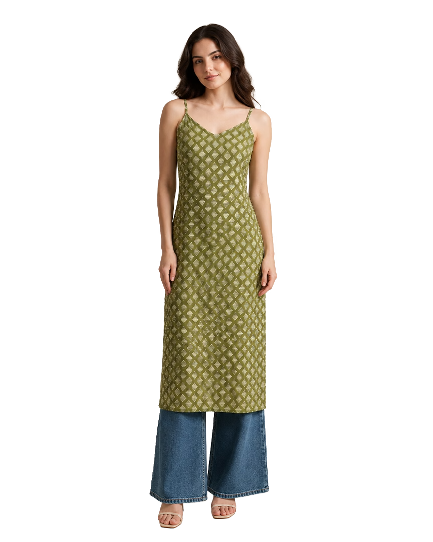 Olive Green Strappy Backless Long Cotton Kurti