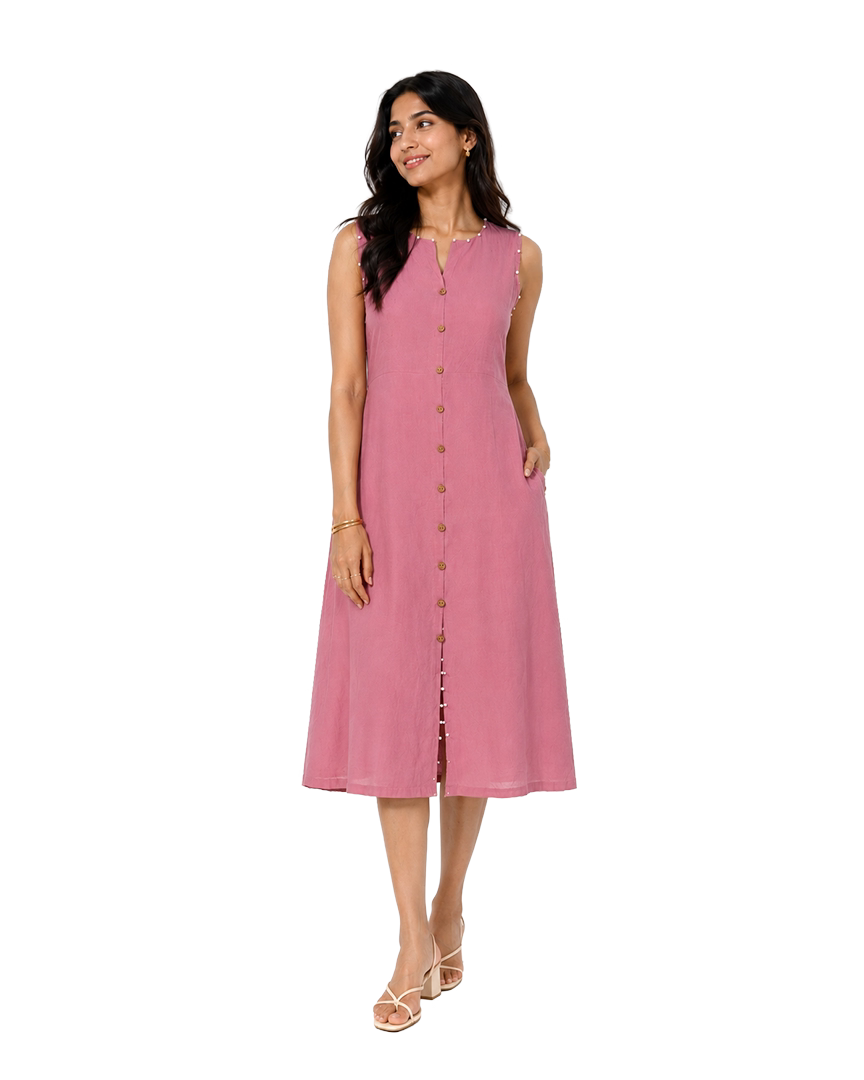 Dusty Rose Cotton Mulmul Pearl Detail Midi Dress - front view