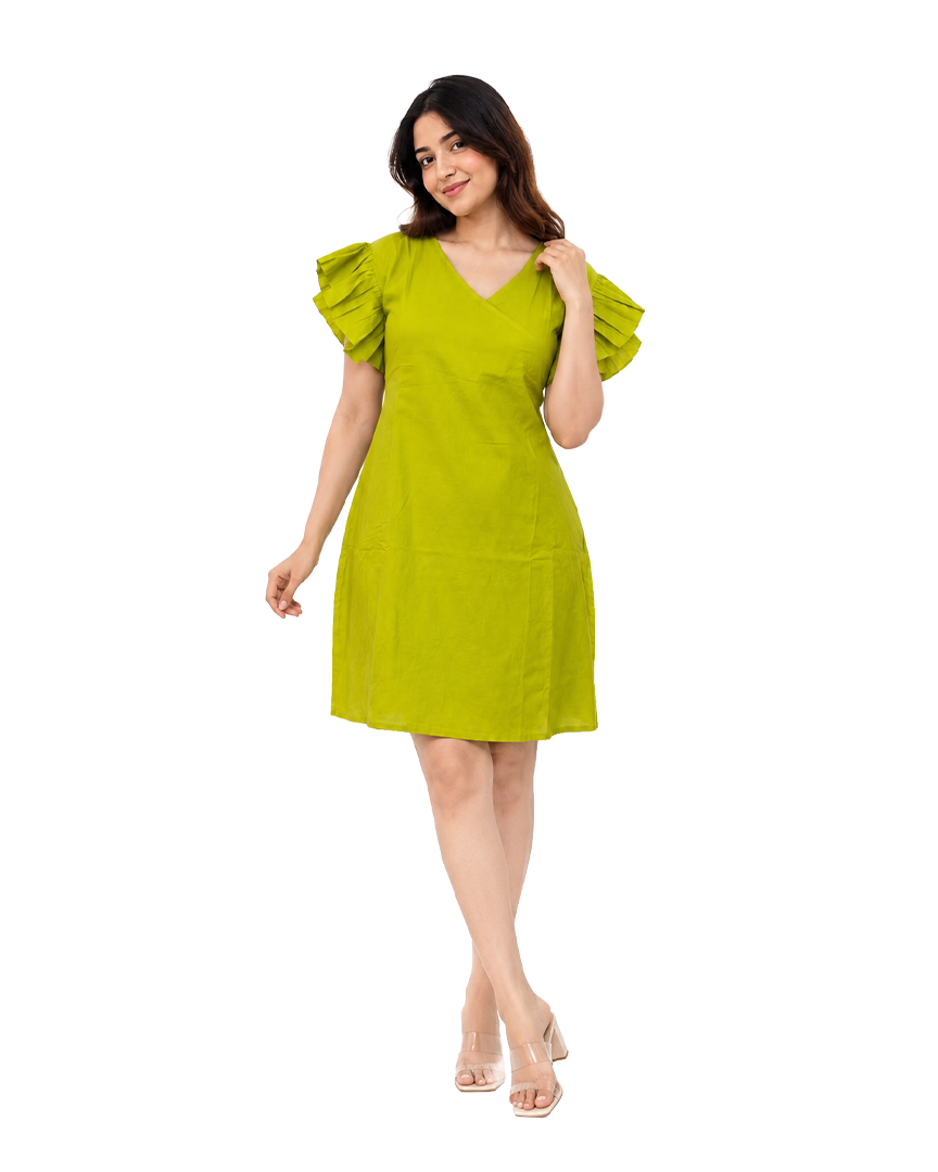 Lime Green Cotton Mulmul Dress With Pleated Sleeves
