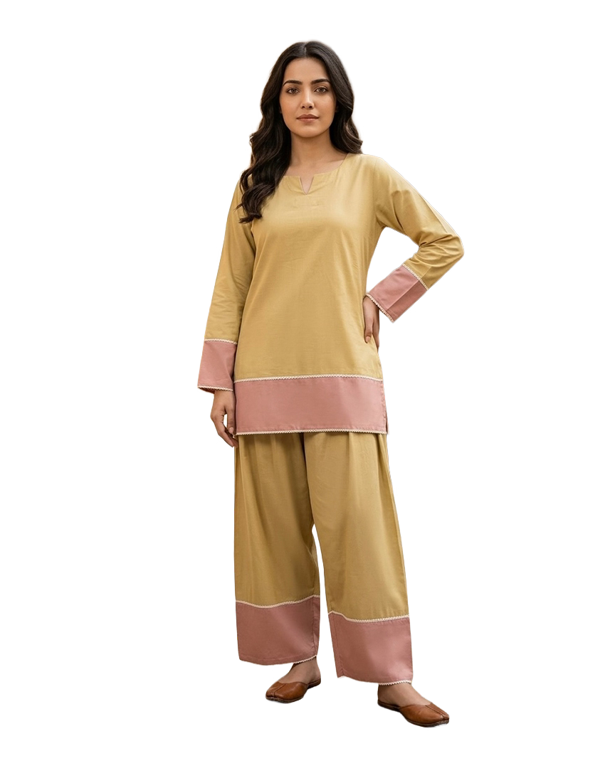 Beige & Dusty Rose Color-Block Kurta Palazzo Set