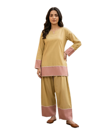 Beige & Dusty Rose Color-Block Kurta Palazzo Set