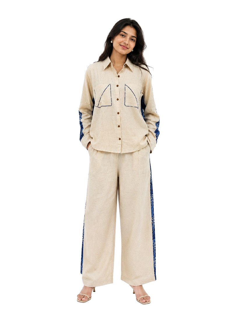 Beige Cotton Slub Co-ord Set With Printed Back Patch