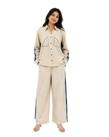 Beige Cotton Slub Co-ord Set With Printed Back Patch