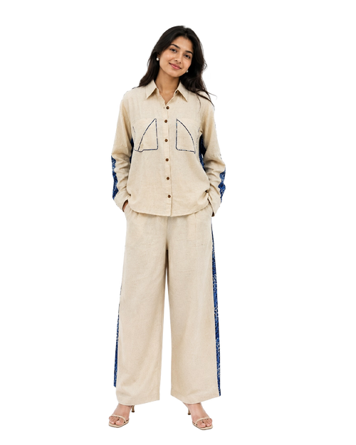 Beige Cotton Slub Co-ord Set With Printed Back Patch