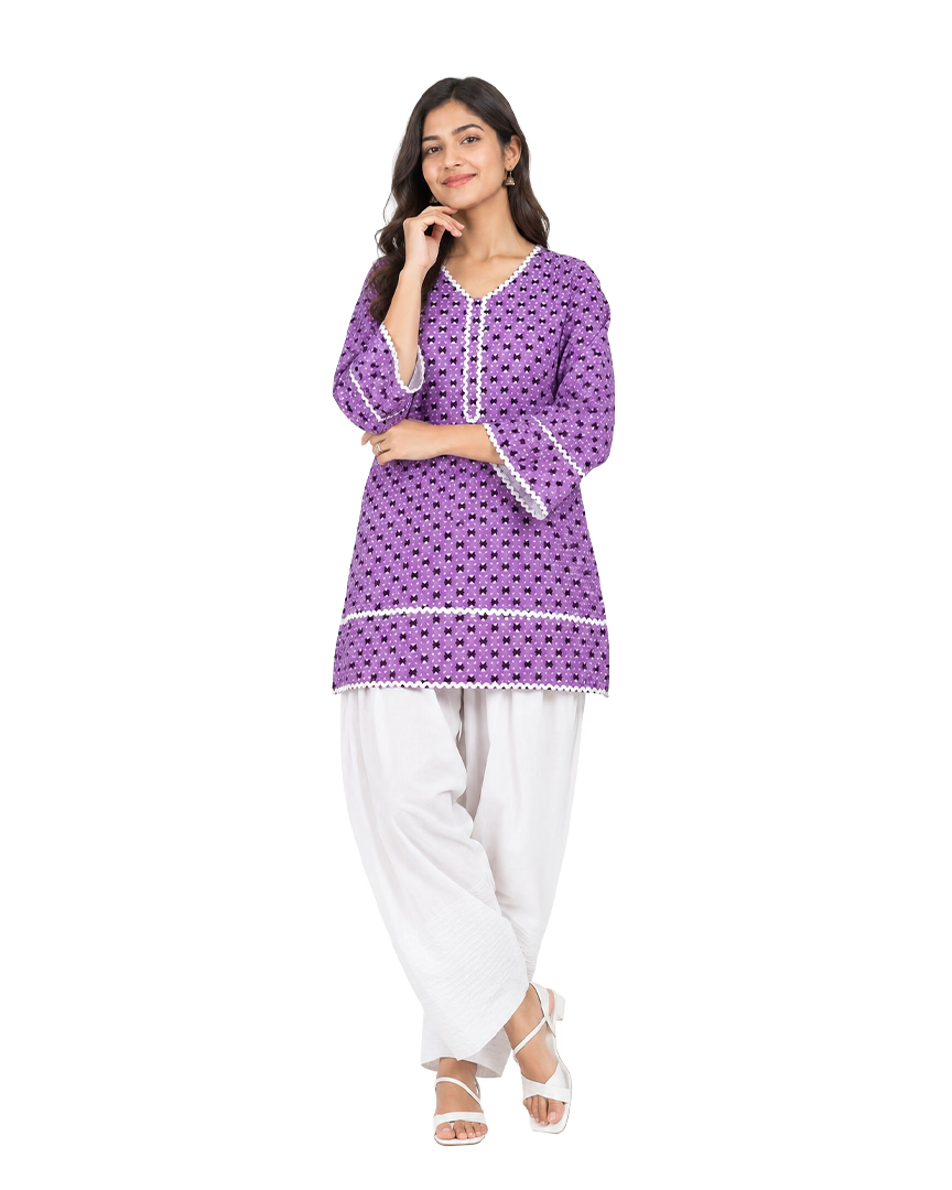 Lavender Printed Cotton Kurta With White Farshi Salwar & Chiffon Dupatta